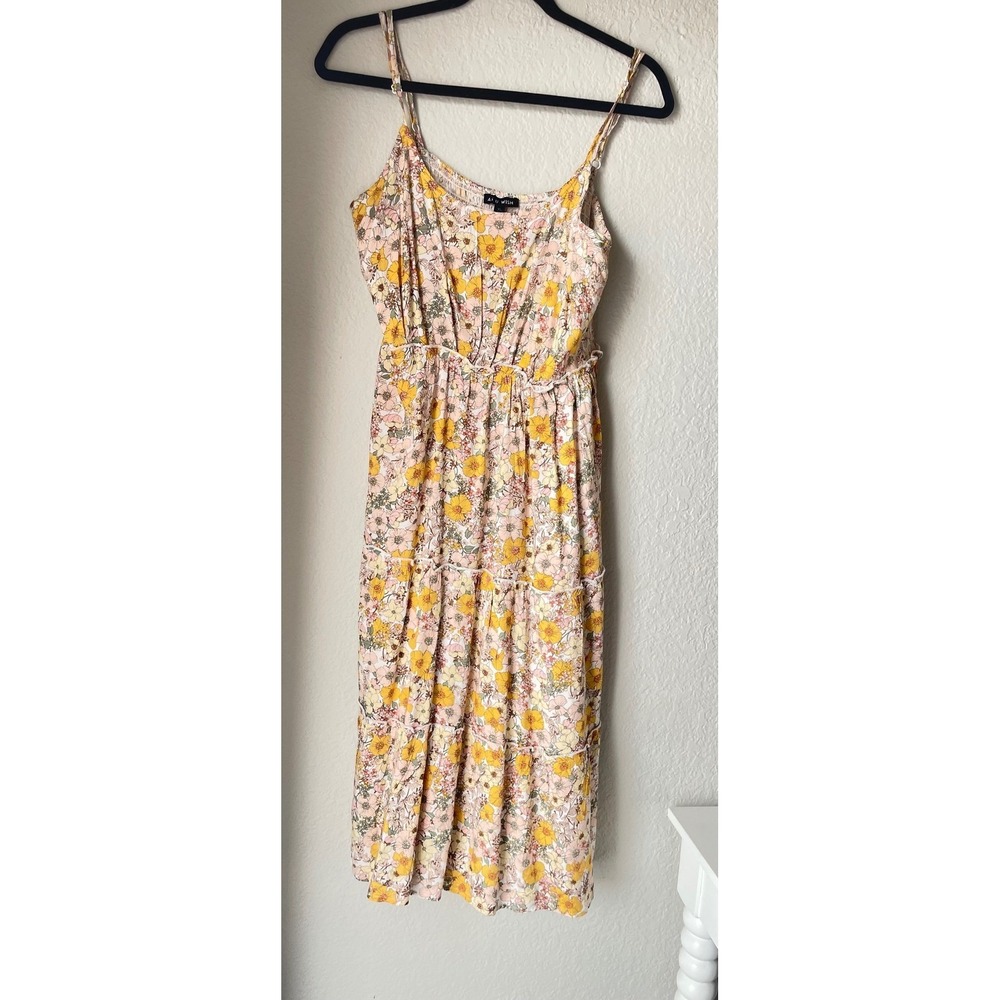 As U Wish Floral Midi Dress XL Yellow Pink Tiered Smocked Back Sundress - Picture 2 of 7